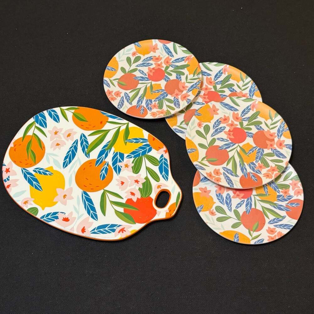 5-Piece Citrus Serving Set:  Platter & Bamboo Melamine 6" Plates